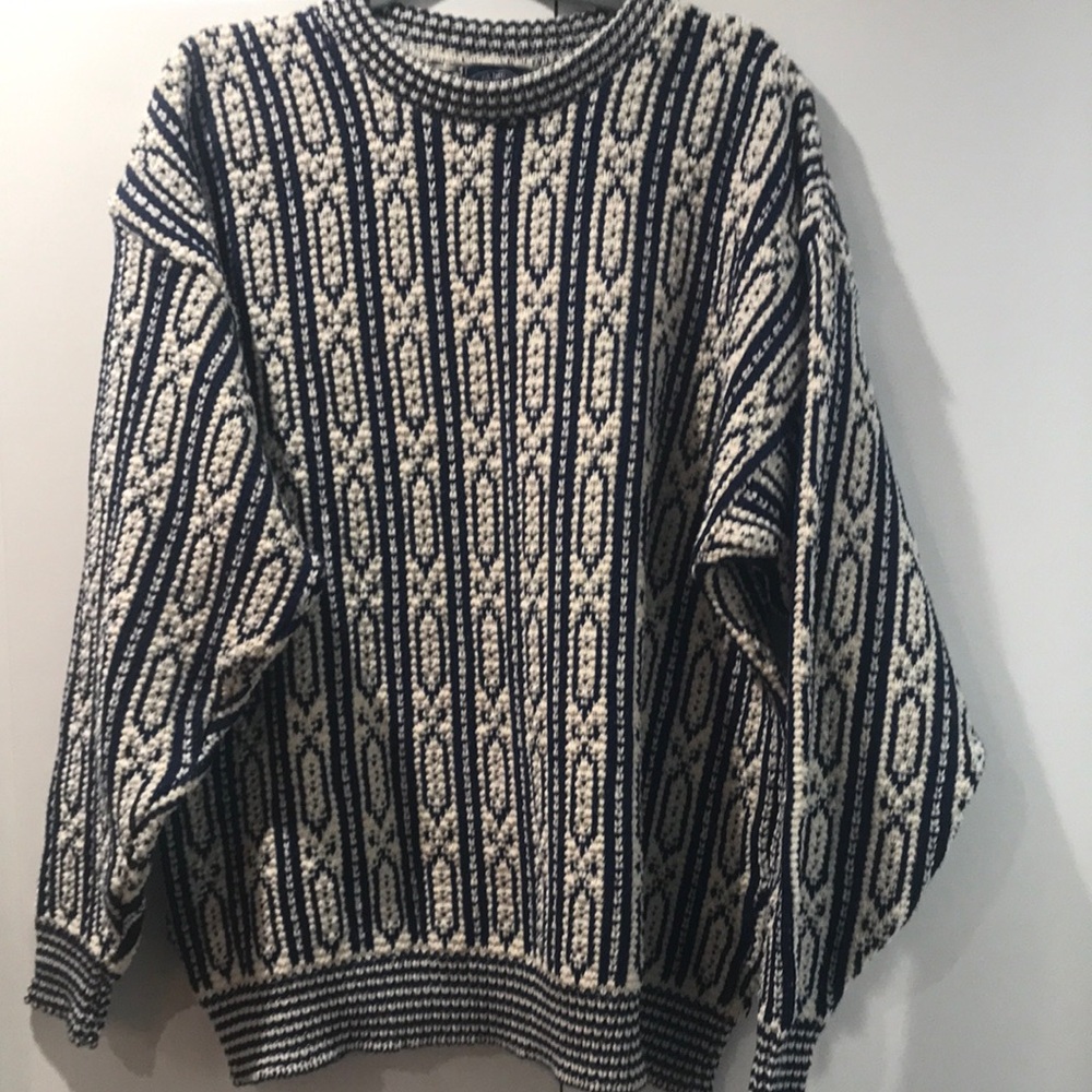 Vintage boat house row Navy and Cream Patterned Men's Sweater made in USA
